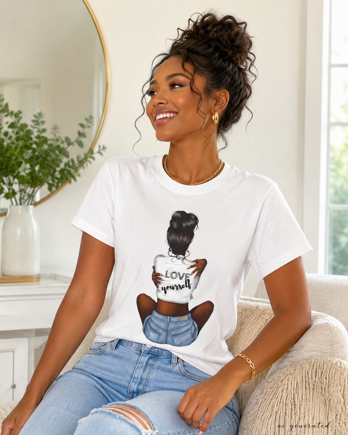 T-Shirt — 'Love Yourself' Graphic Tee, Hair Bun Illustration, Self-Love Casual Top
