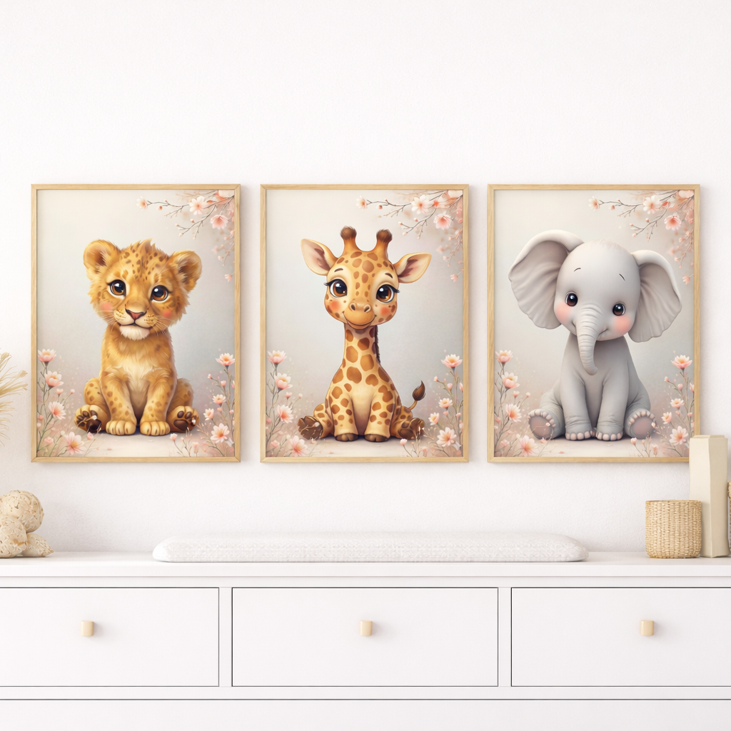 Safari Nursery Wall Art | Lion, Giraffe & Elephant