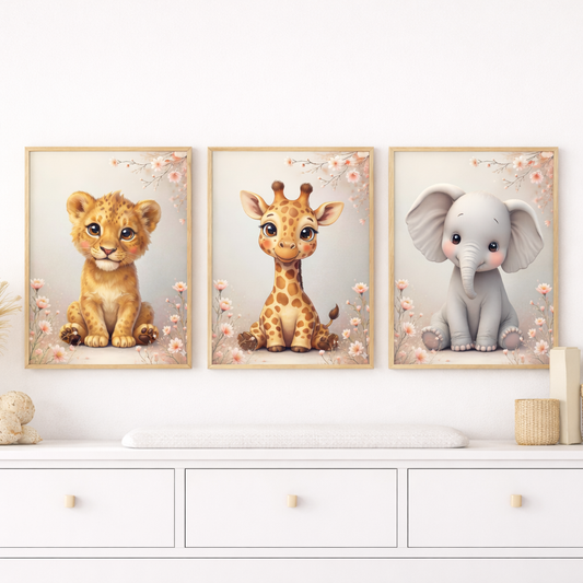 Safari Nursery Wall Art | Lion, Giraffe & Elephant
