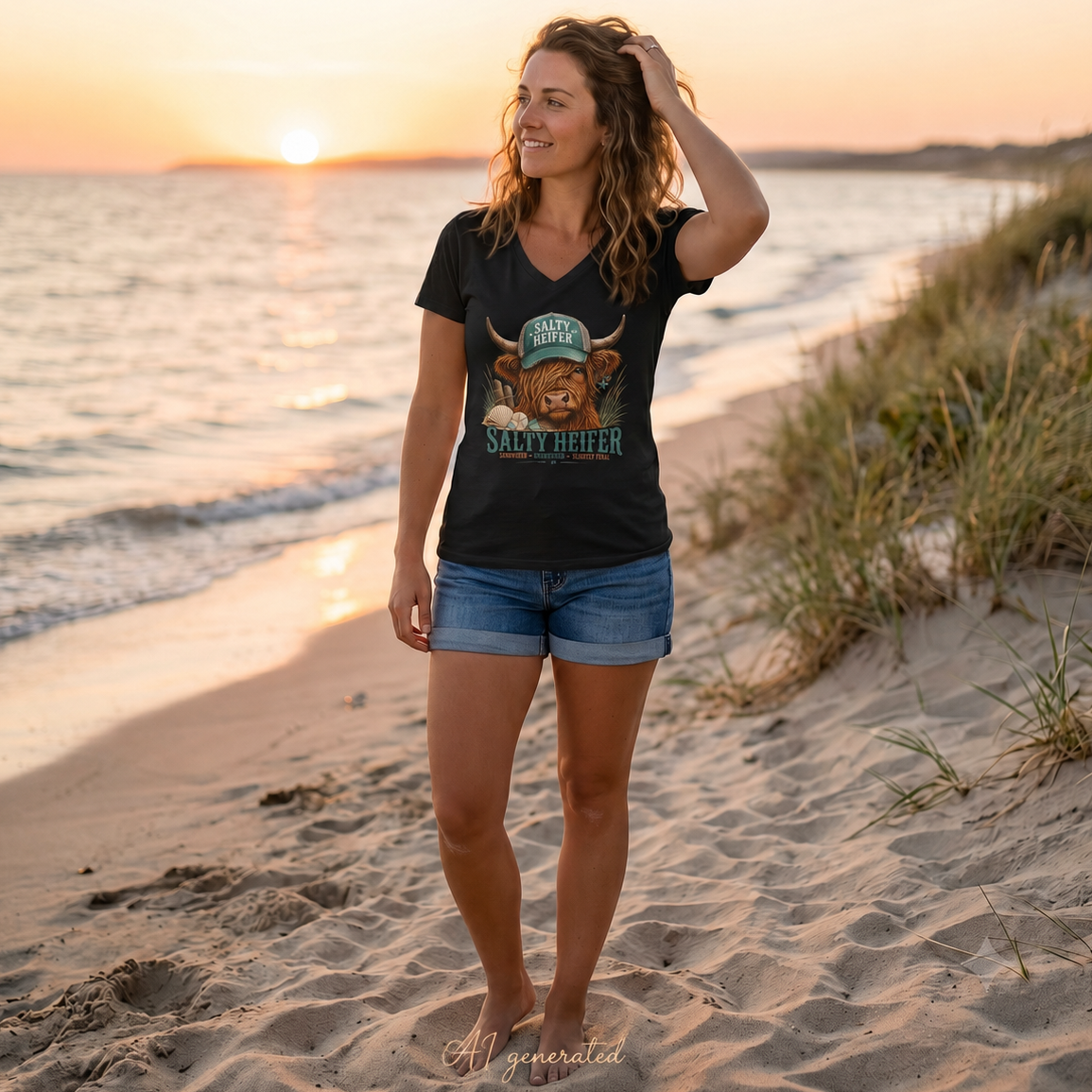 Salty Heifer Highland Cow V-Neck T-Shirt — Funny Farm Animal Tee for Women