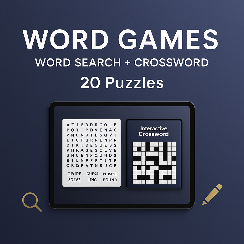 Interactive Word Search Game App – 20 Themed Puzzles, Mobile Friendly + Answer Key | Digital Download