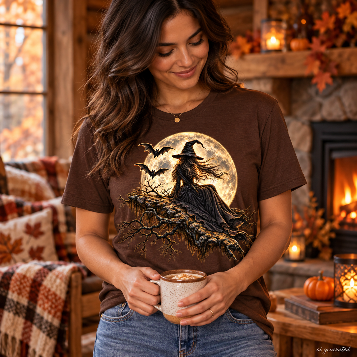 Moonlit Witch gothic Halloween T-shirt, AI-generated mockup