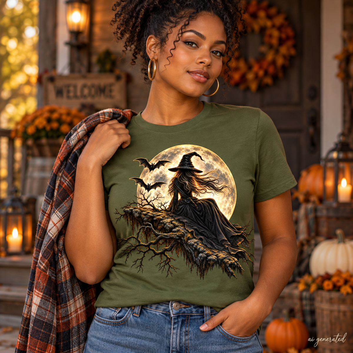 Moonlit Witch gothic Halloween T-shirt, AI-generated mockup