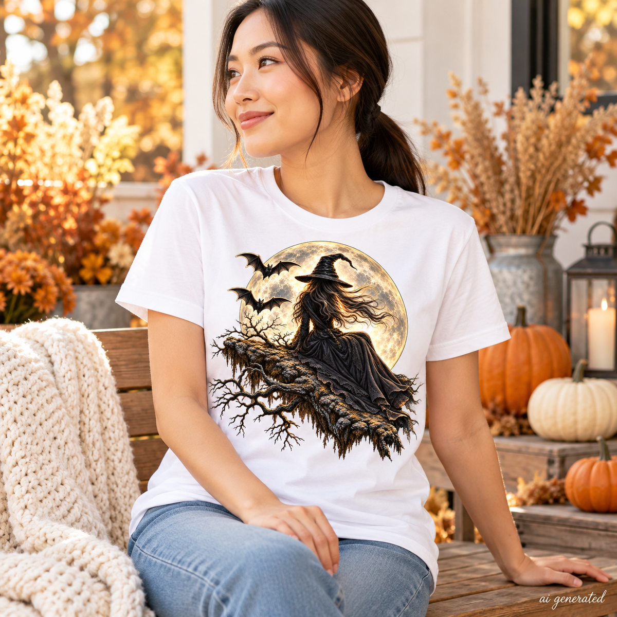 Moonlit Witch gothic Halloween T-shirt, AI-generated mockup
