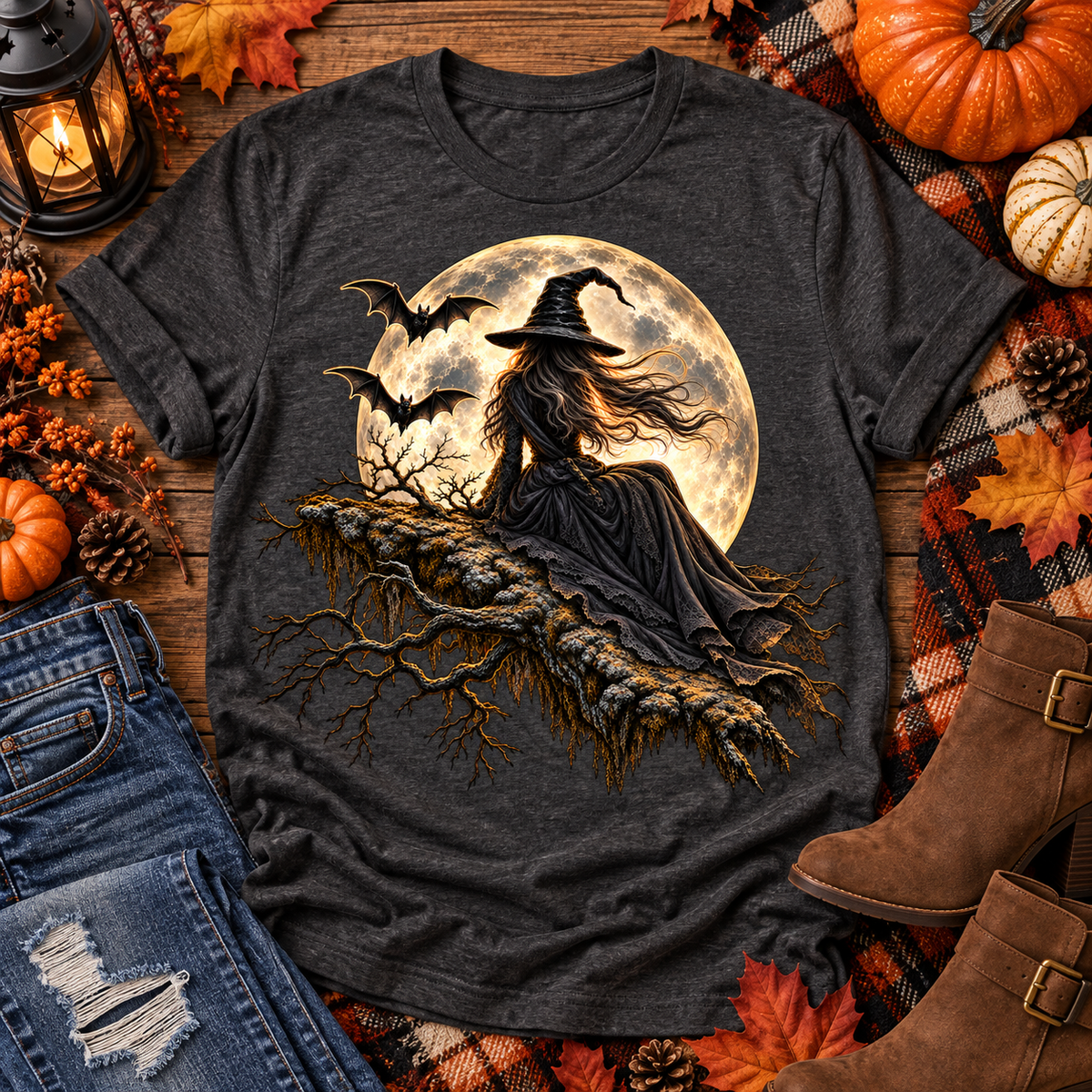 Moonlit Witch gothic Halloween T-shirt, AI-generated mockup