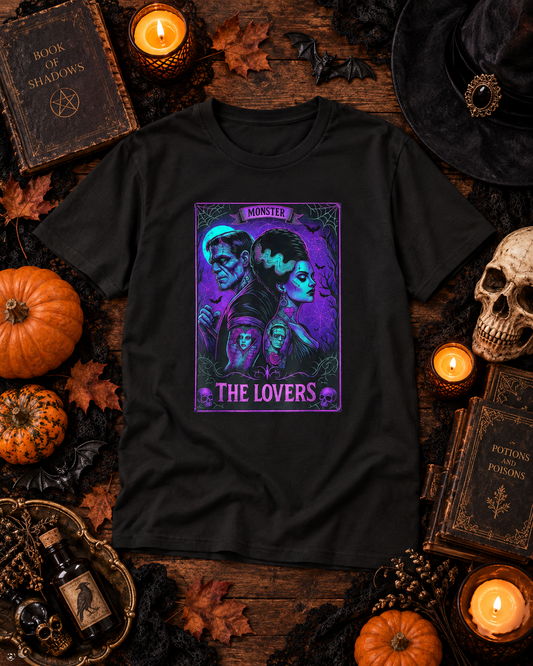 Spooky Romance tarot-style T-shirt, AI-generated mockup