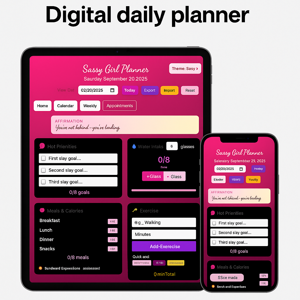 Slay-the-Day Digital Planner — Web App | Daily Goals, Habit Tracker, Calendar, Budget, Gratitude Journal