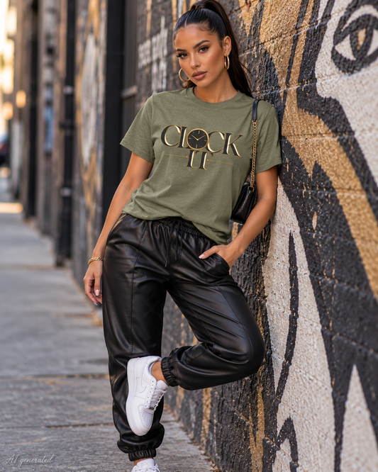 Clock It Gold Graphic Tee, AI-generated mockup