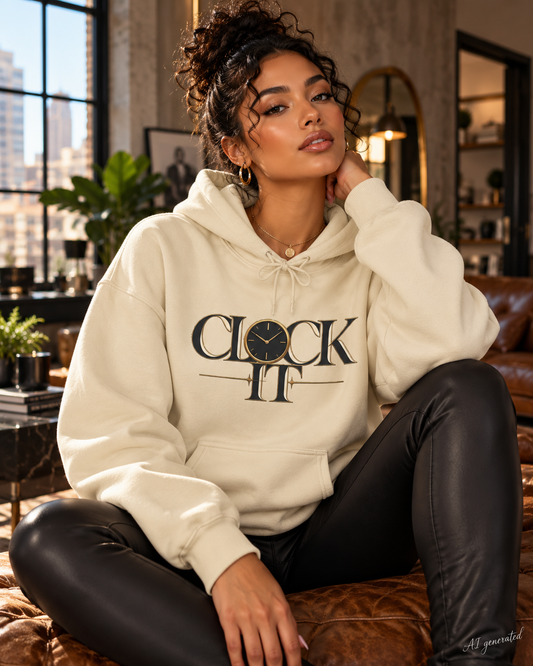 Clock It Gold Graphic Hoodie, AI-generated mockup