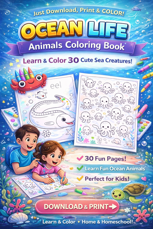 Printable Ocean Life Coloring Book for Kids – 31 Fun Sea Animal Pages – Instant Download