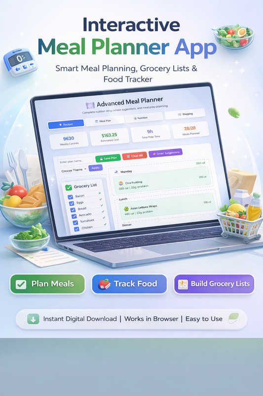 Interactive Advanced Meal Planner App – Smart Meal Planning, Calorie Count, Grocery List & Food Tracker (Digital Download)