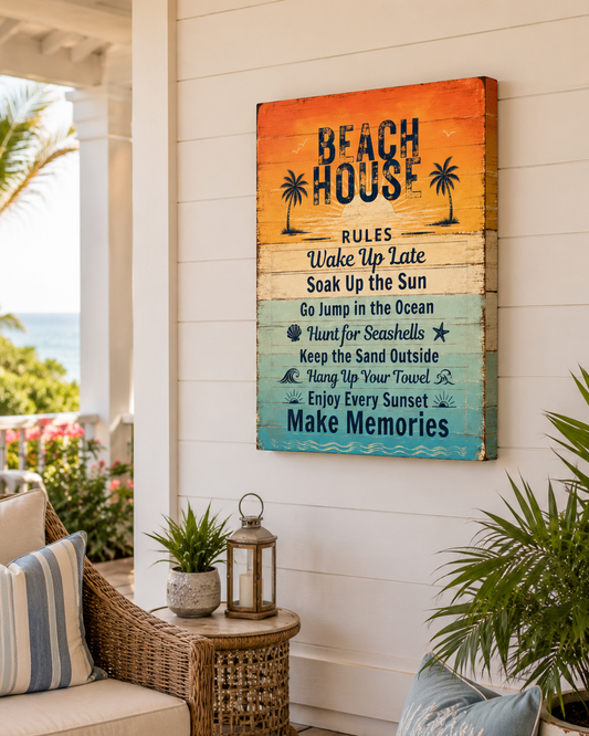 Beach House Rules Wall Art, Coastal Beach Decor, Vintage Sunset Ocean Sign, Canvas or Poster Print