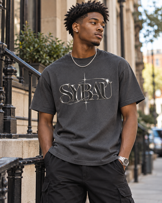 SYBAU Chrome Graphic Tee, AI-generated mockup