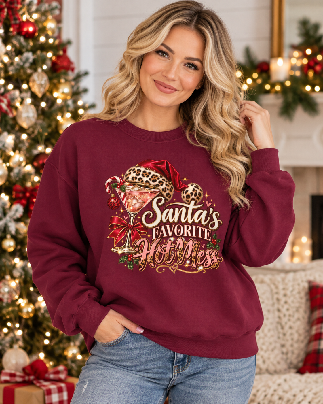 Santa’s Favorite Hot Mess Christmas Sweatshirt | Leopard Holiday Crewneck