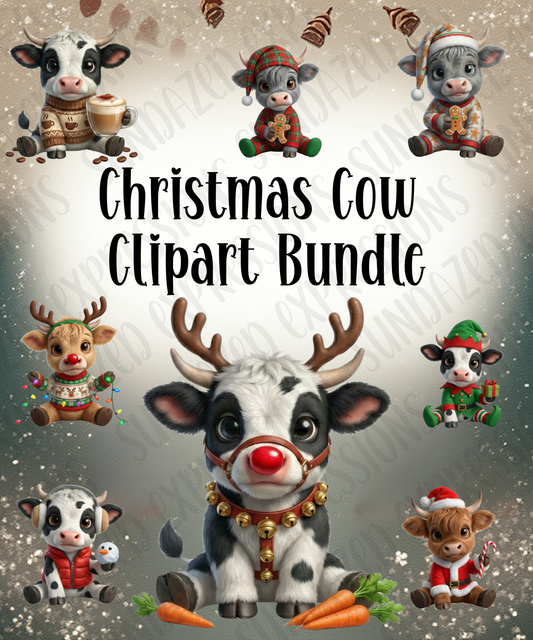 Christmas Cow Clipart Bundle | Cute Holiday Highland Cow PNGs | Festive Farm Animal Sublimation | Winter Cow Art | Transparent PNG Download