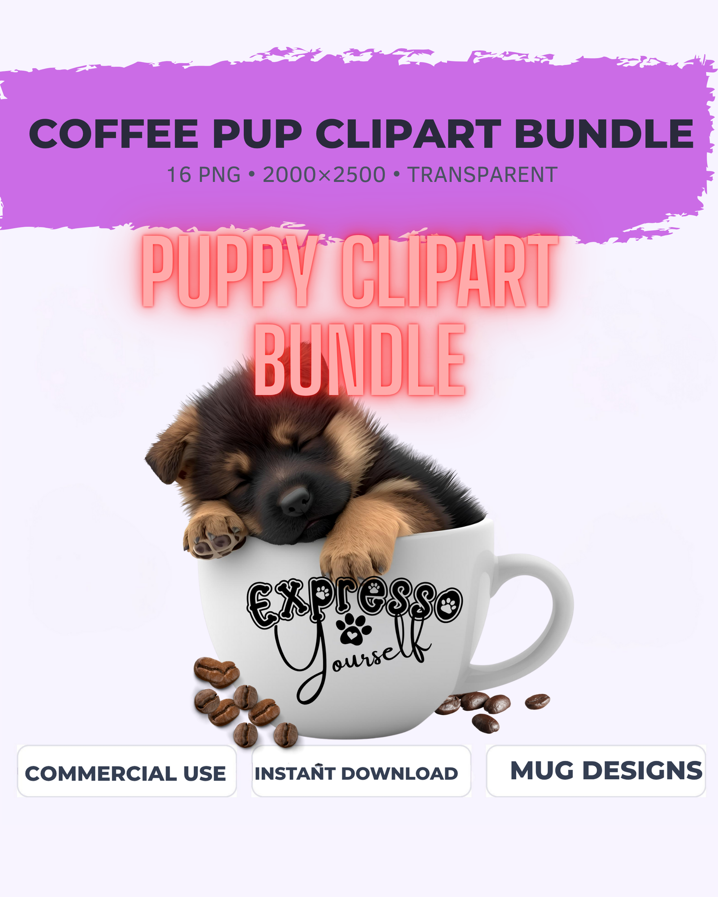 Coffee Pup Clipart Bundle – 17 PNGs, 2000×2500, Transparent – Puppy in Mug, Cute Coffee Stickers, Sublimation, Scrapbook, POD