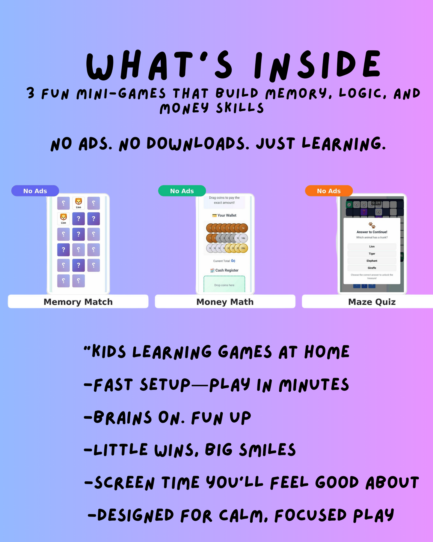 Kids Learning Game Bundle: Memory Match, Money Math, Maze Quiz (Instant Download)