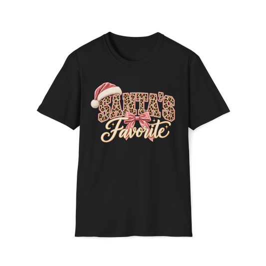 Santa's Favorite leopard Christmas T-shirt in black with pink Santa hat and bow