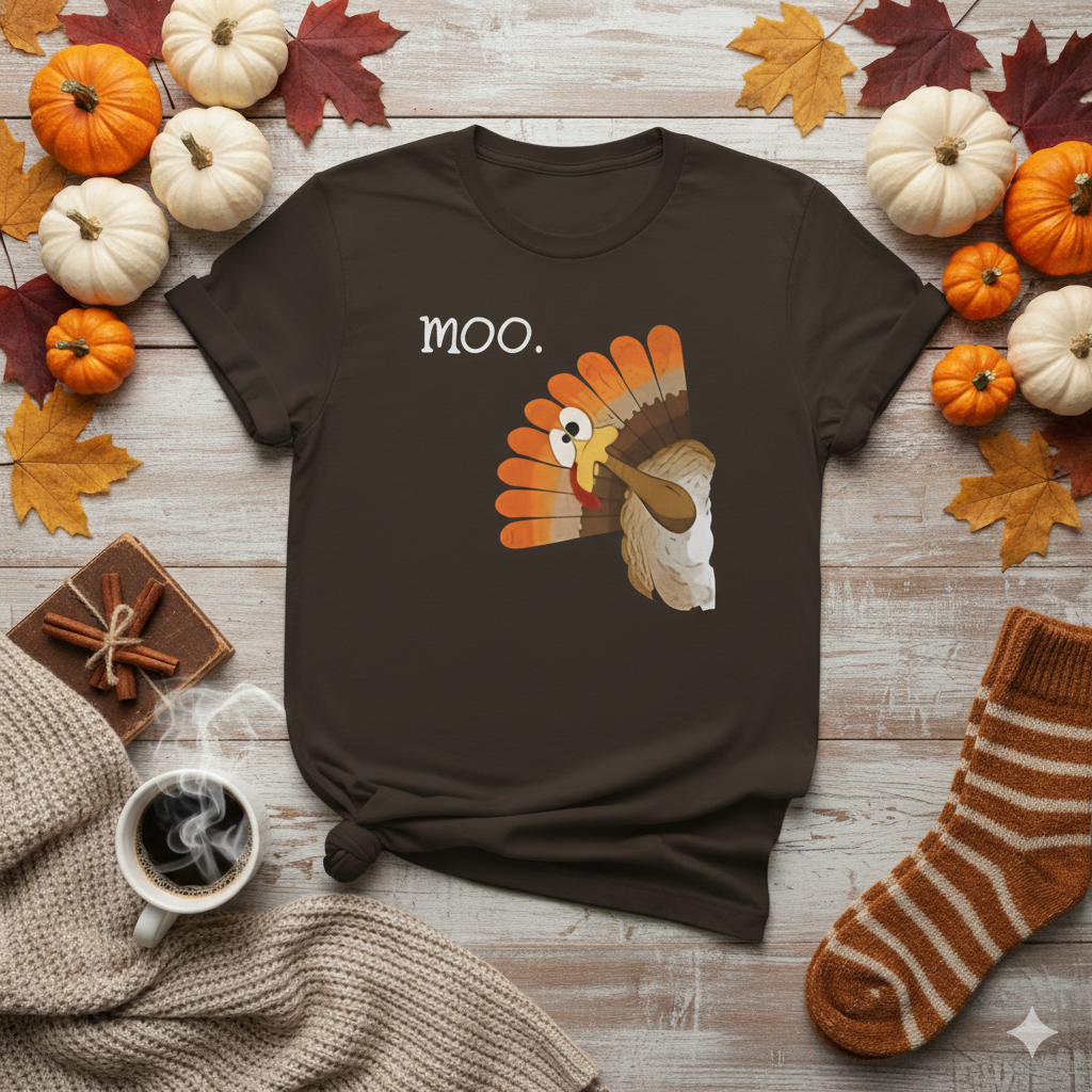 Funny Turkey 'Moo.' T-Shirt — Thanksgiving Humor Tee