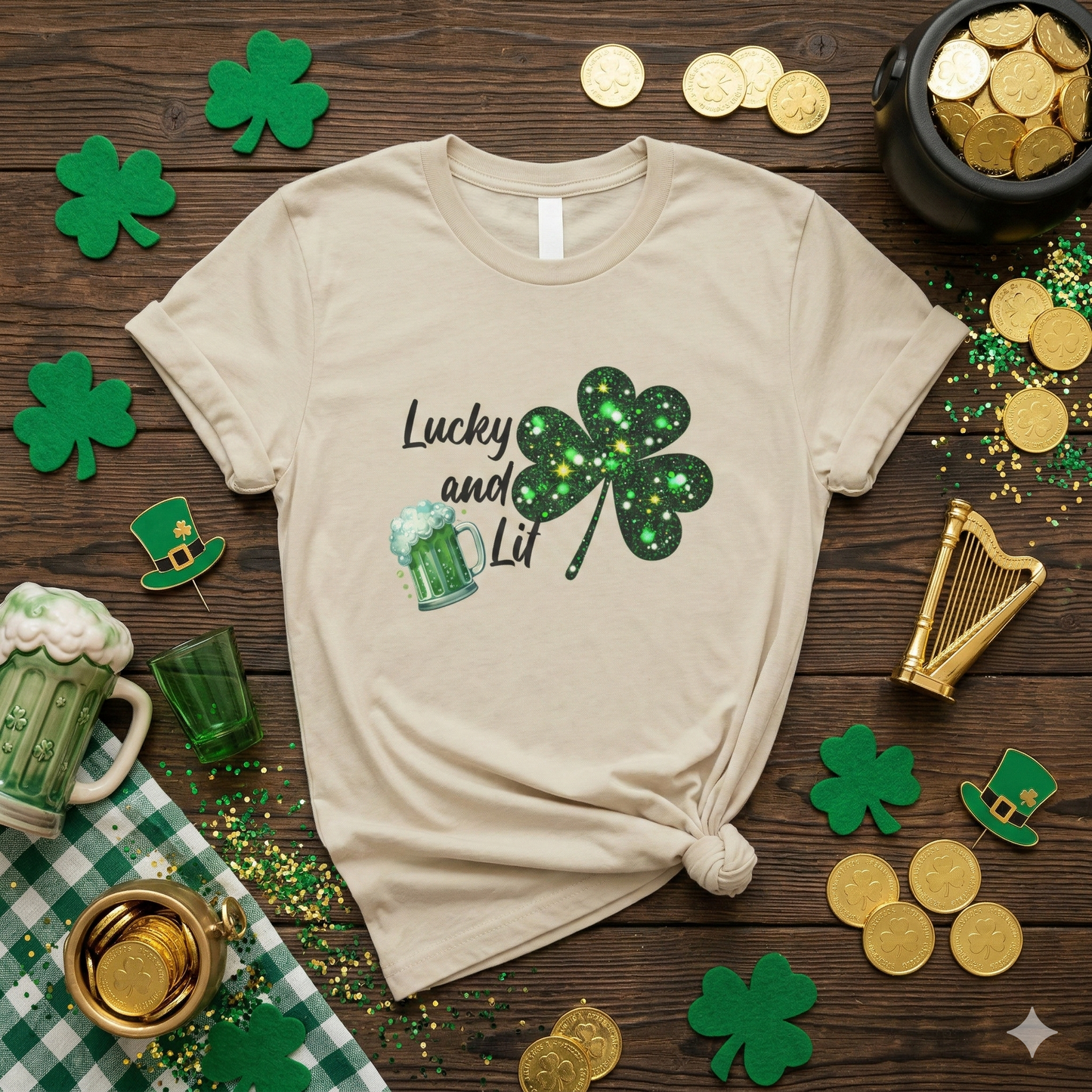 Lucky and Lit Shamrock T-Shirt — St. Patrick's Day Beer Tee