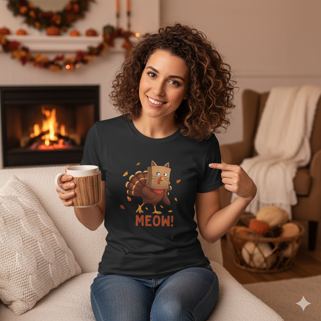Funny Thanksgiving Shirt – “Meow!” Turkey in Cat Disguise Tee | Hilarious Fall Graphic T-Shirt | Turkey Day Humor Gift