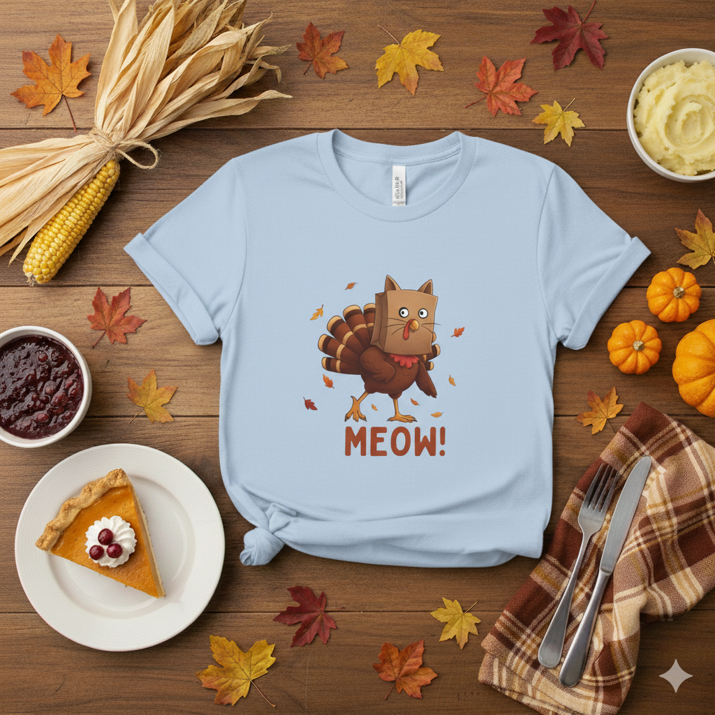 Funny Thanksgiving Shirt – “Meow!” Turkey in Cat Disguise Tee | Hilarious Fall Graphic T-Shirt | Turkey Day Humor Gift