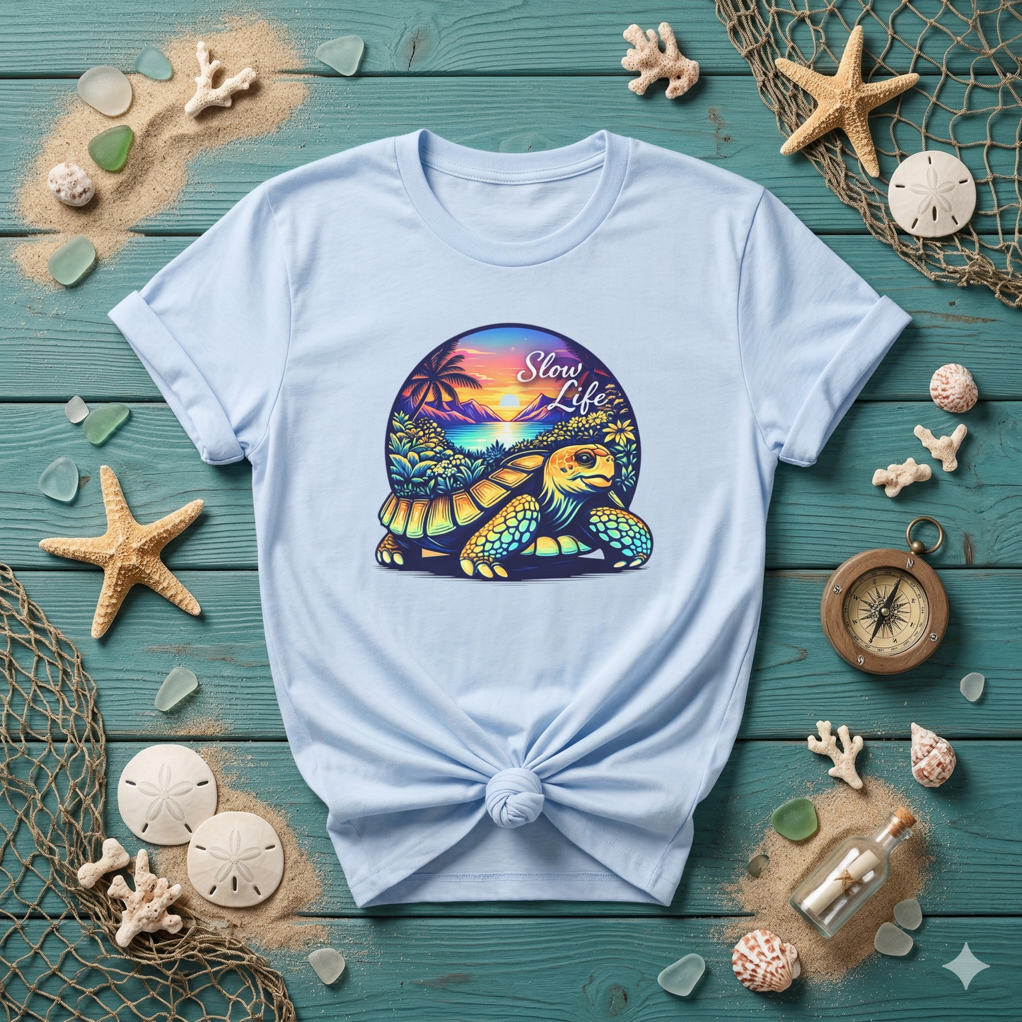 Slow Life Shirt, Sea Turtle Beach Tee, Coastal Vibes Shirt, Ocean Aesthetic Shirt, Tropical Sunset Shirt, Relaxed Beach Shirt
