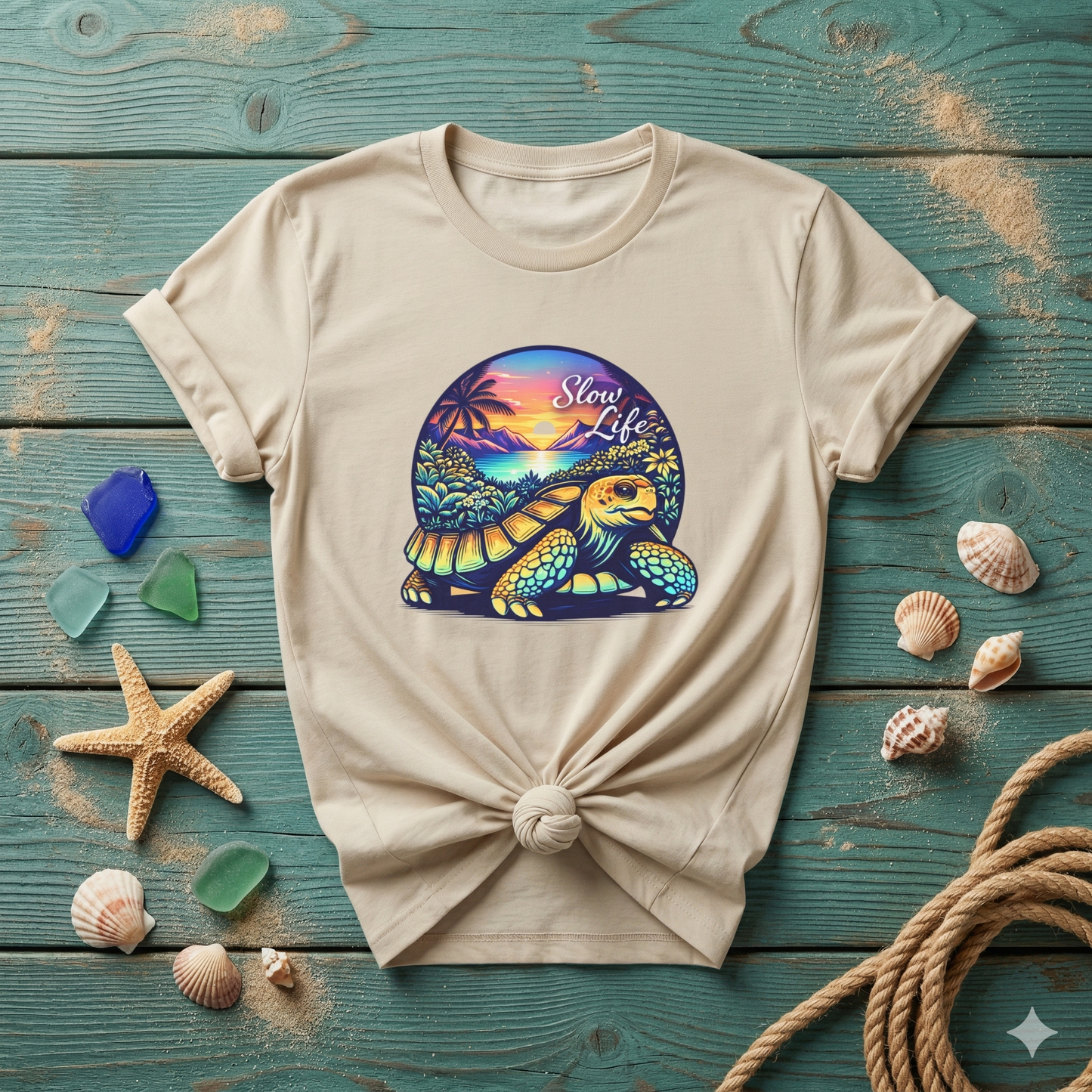 Slow Life Shirt, Sea Turtle Beach Tee, Coastal Vibes Shirt, Ocean Aesthetic Shirt, Tropical Sunset Shirt, Relaxed Beach Shirt