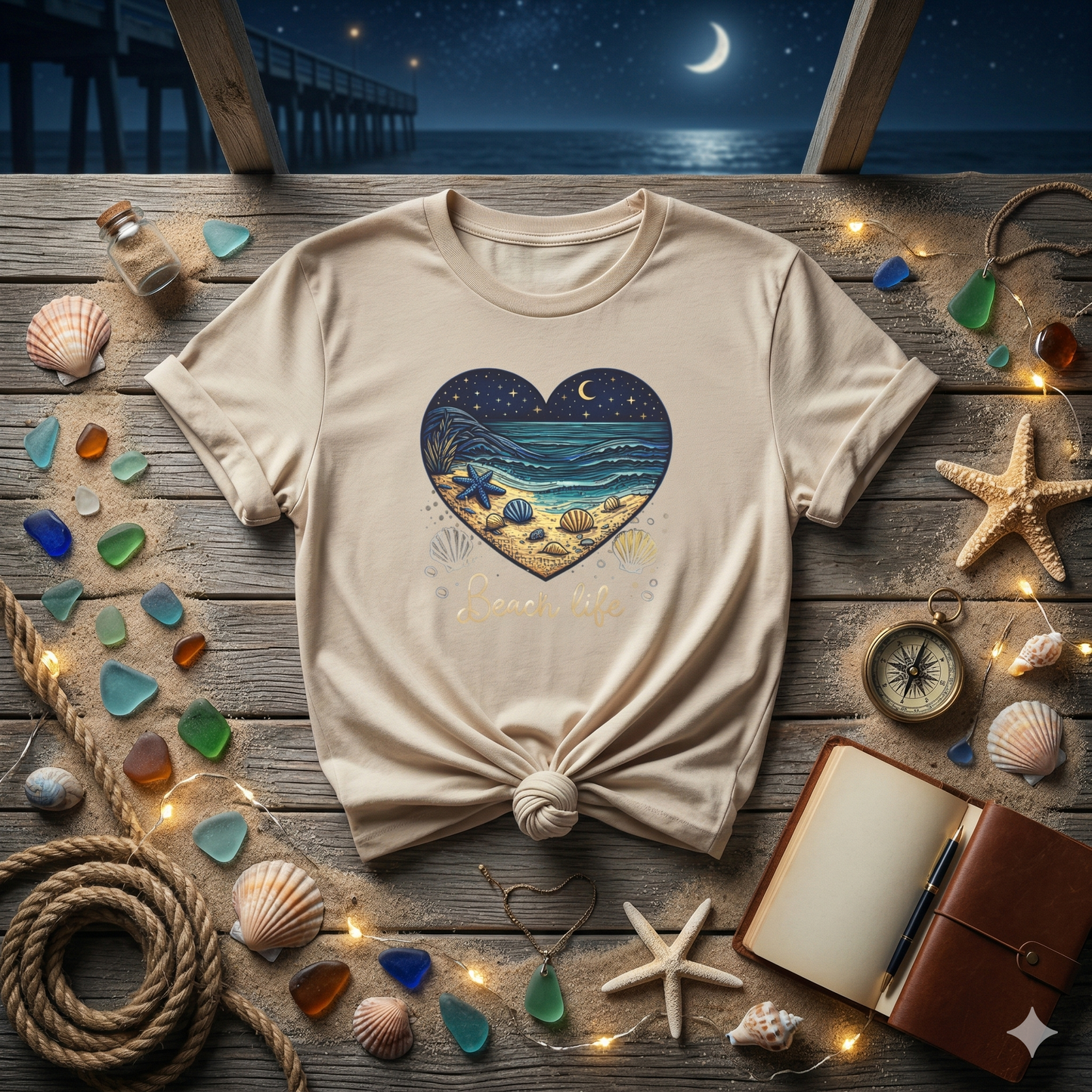 Beach Life Shirt, Coastal Night Beach Tee, Ocean Waves Shirt, Beach Aesthetic Shirt, Seashell Graphic Tee, Coastal Vibes Shirt