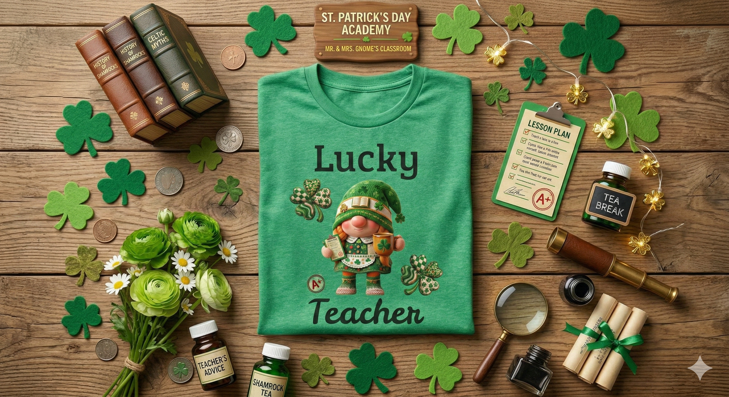 Lucky Teacher T-Shirt — St. Patrick’s Day Shamrock Gnome Tee