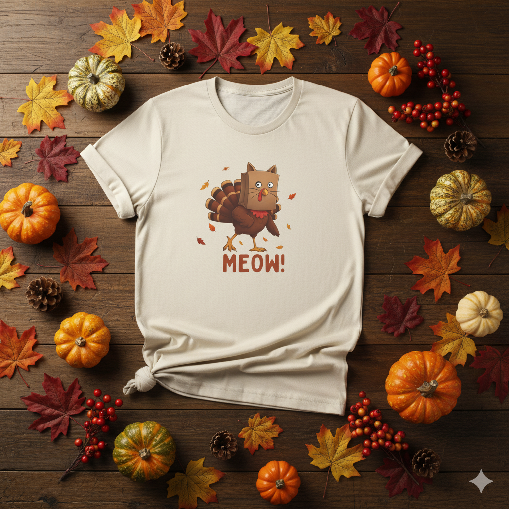 Funny Thanksgiving Shirt – “Meow!” Turkey in Cat Disguise Tee | Hilarious Fall Graphic T-Shirt | Turkey Day Humor Gift