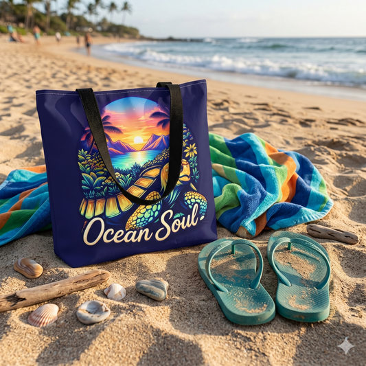 Ocean Soul Sea Turtle Tote Bag — Beach Sunset Canvas Tote