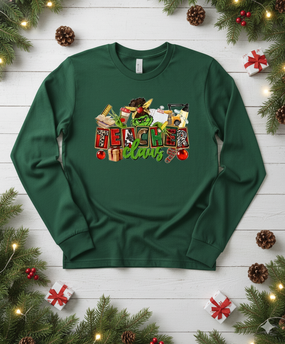 Teacher Claus Christmas Long sleeve T-shirt | Funny Holiday Crewneck for Teachers | Grinch Teacher Gift | Cozy Classroom Christmas Top