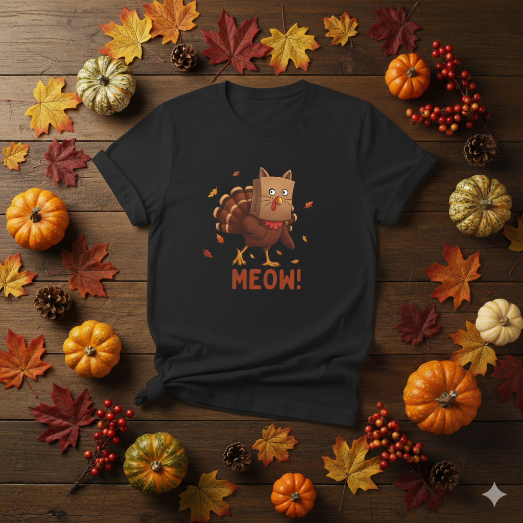 Funny Thanksgiving Shirt – “Meow!” Turkey in Cat Disguise Tee | Hilarious Fall Graphic T-Shirt | Turkey Day Humor Gift