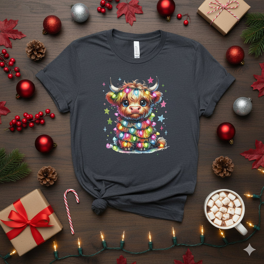 Whimsical Cow Christmas T-Shirt Cute Highland Cow Christmas Lights T-Shirt | Adorable Holiday Cow Tee | Cozy Farm Animal Christmas Gift | Festive Cow Lover Shirt