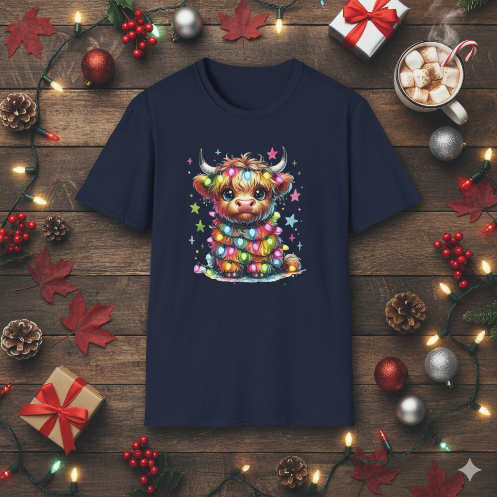 Whimsical Cow Christmas T-Shirt Cute Highland Cow Christmas Lights T-Shirt | Adorable Holiday Cow Tee | Cozy Farm Animal Christmas Gift | Festive Cow Lover Shirt