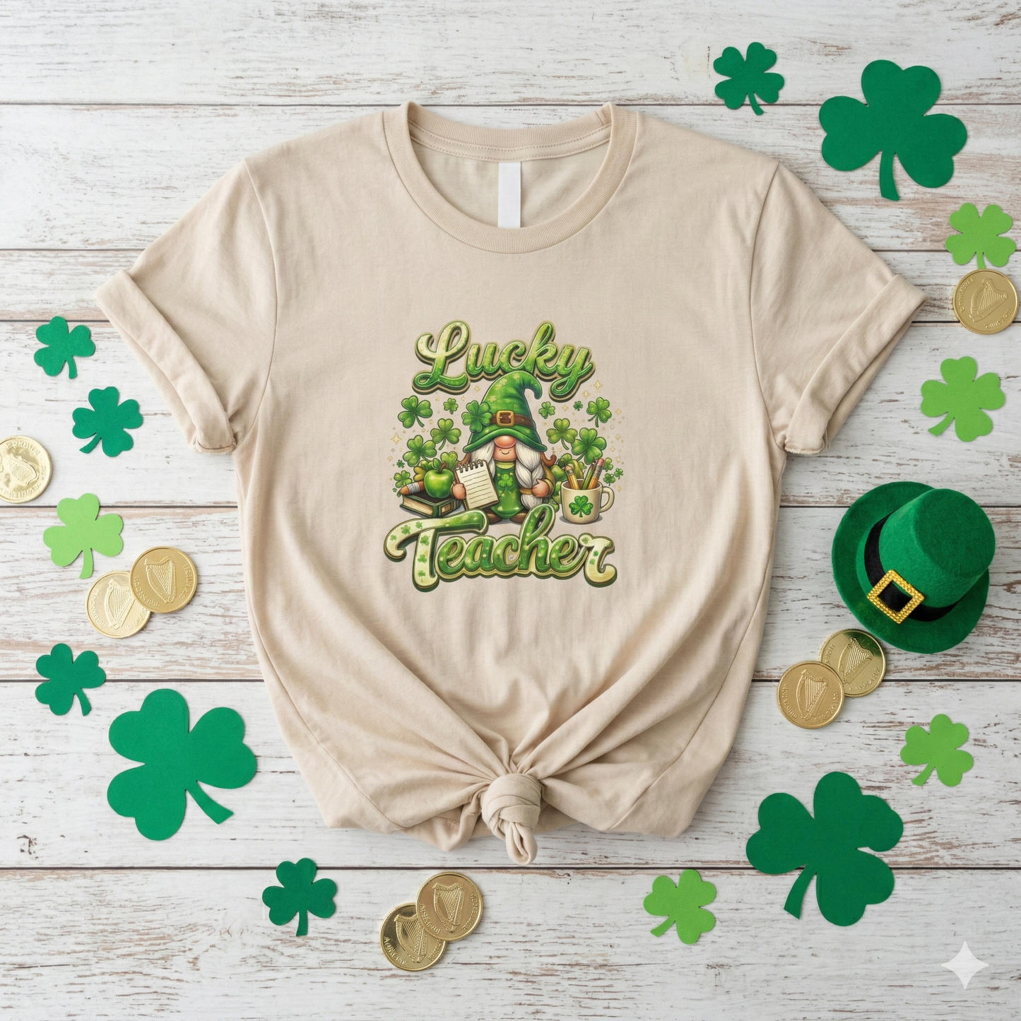 Lucky Teacher St. Patrick's Day T-Shirt — Cute Gnome & Shamrock Classroom Gift