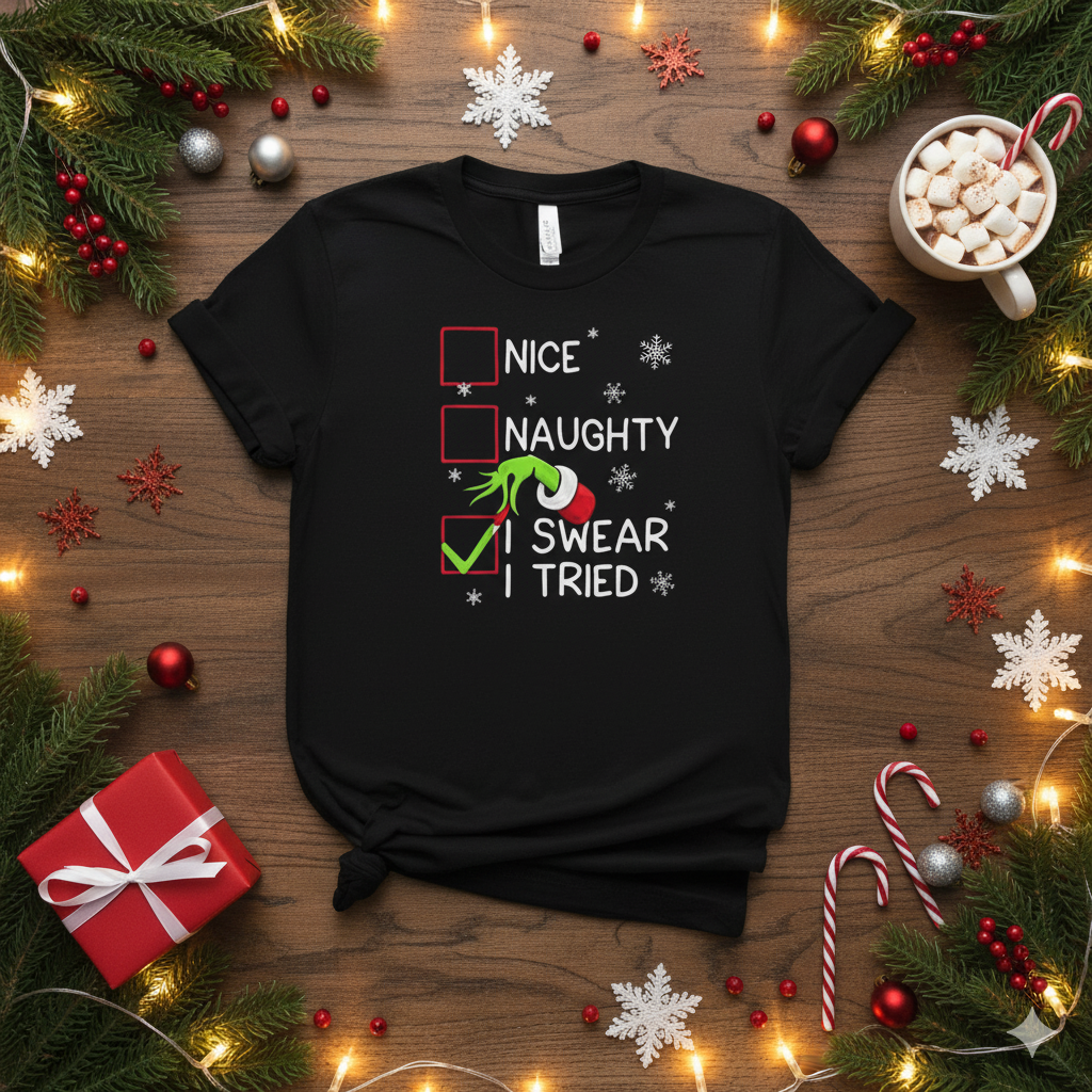 Funny Christmas Shirt – “Nice, Naughty, I Swear I Tried” | Grinch Hand Holiday Humor Tee | Adult Xmas Graphic Shirt