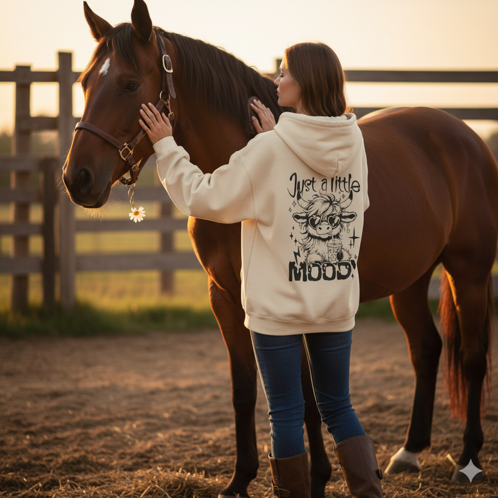 Just a Little Moody Hoodie – Cute Highland Cow Sweatshirt, Funny Cow Lover Gift, Sassy Coffee Cow Hoodie, Cozy Winter Farm Girl Pullover
