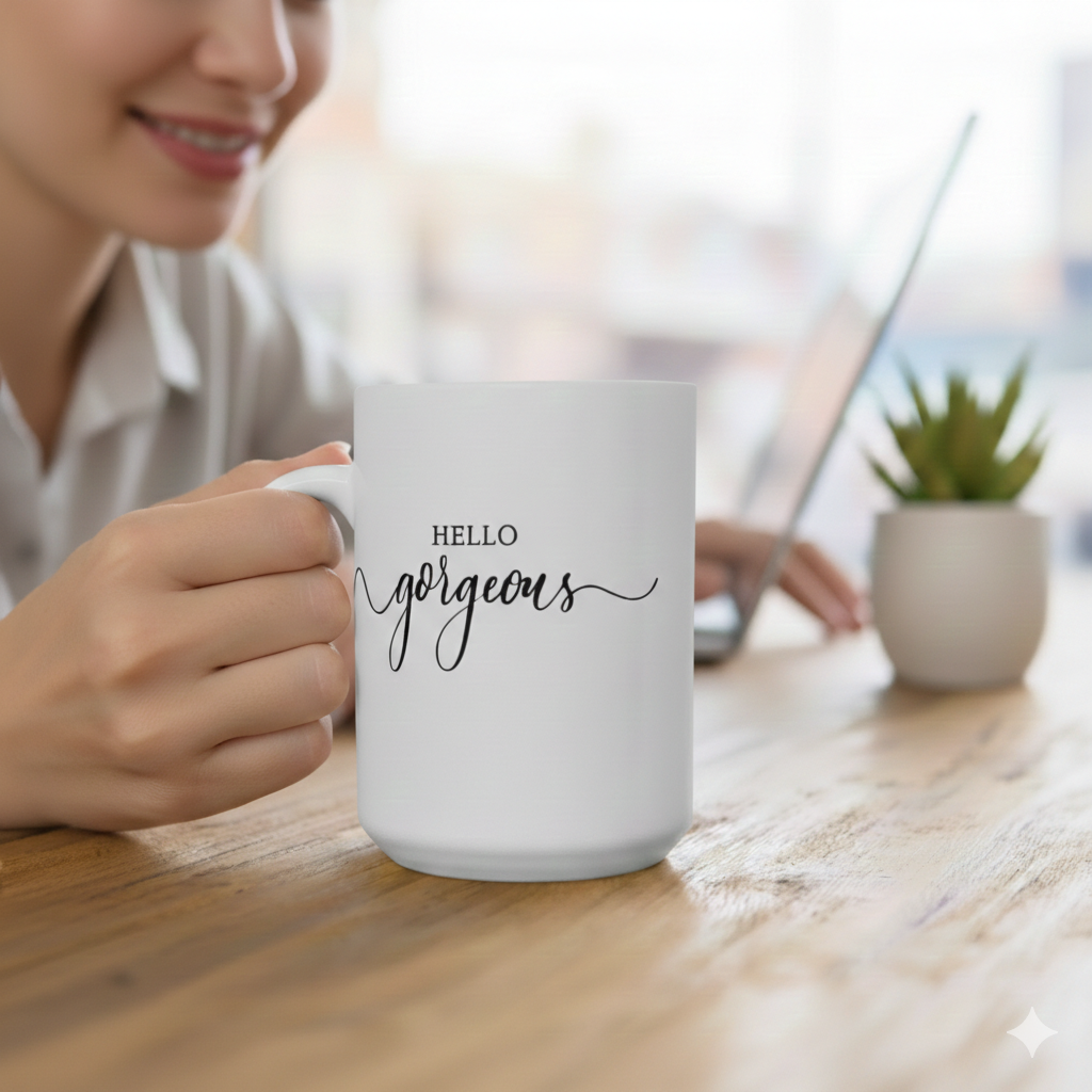Hello Gorgeous White Ceramic Mug 15oz,  Gift for Loved One, Affirmation Mug
