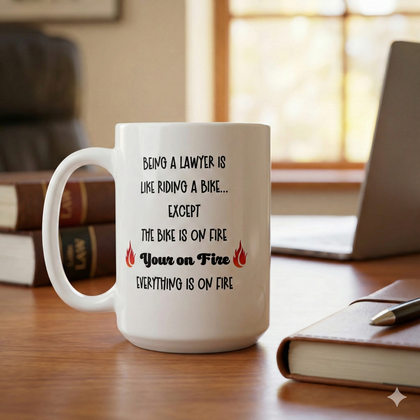 Being a Lawyer Is Like Riding a Bike… Everything’s on Fire – Funny Lawyer Mug (15oz) | Attorney Gift, Law School Humor