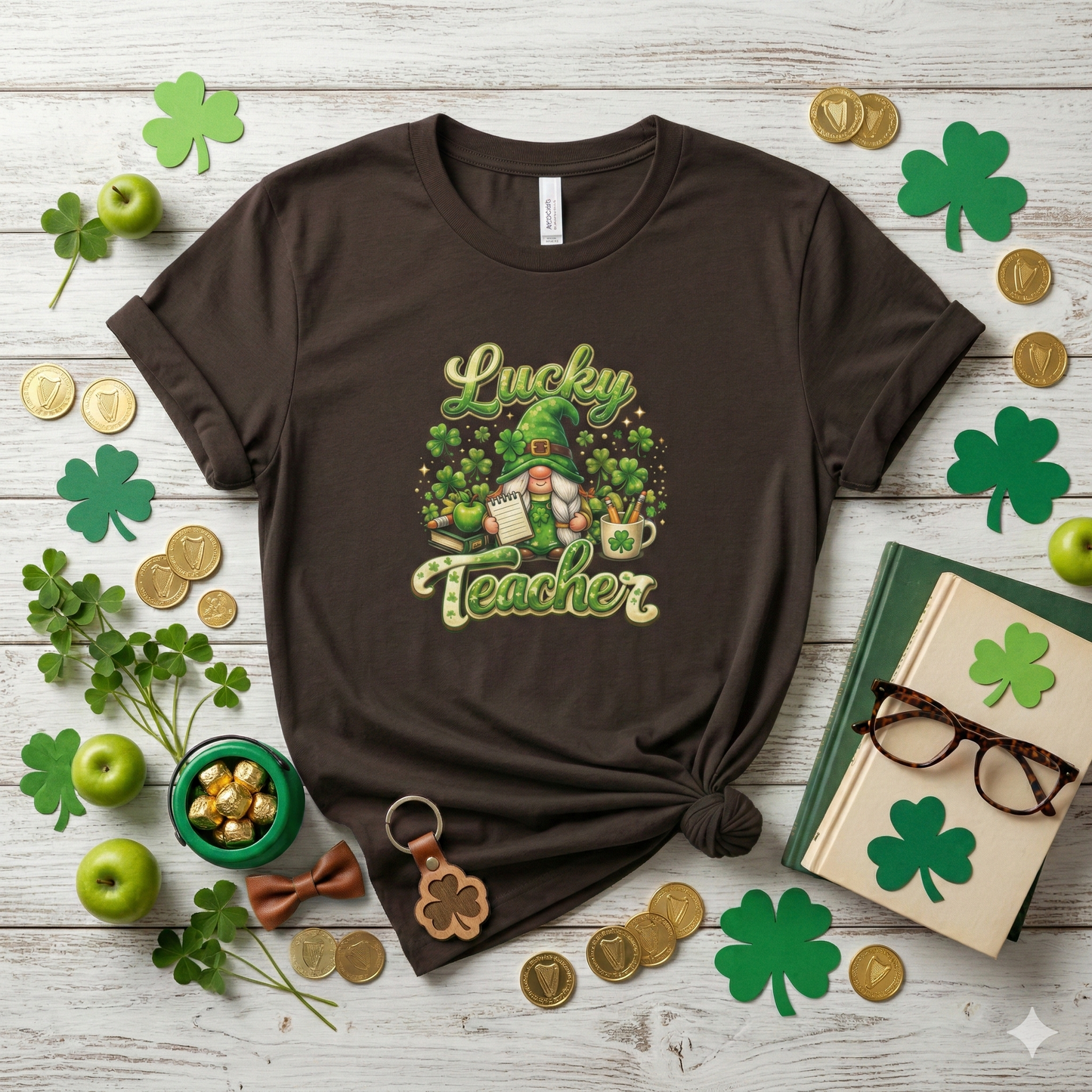 Lucky Teacher St. Patrick's Day T-Shirt — Cute Gnome & Shamrock Classroom Gift