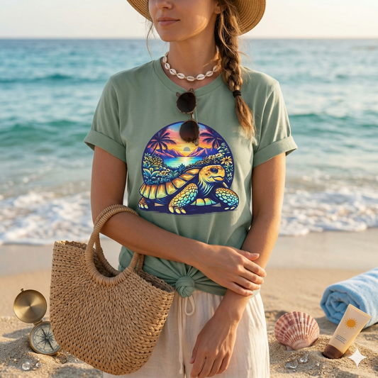 Sea Turtle Sunset Shirt, Beach Turtle Tee, Ocean Aesthetic Shirt, Coastal Graphic Tee, Tropical Sunset Shirt, Beach Lover Gift