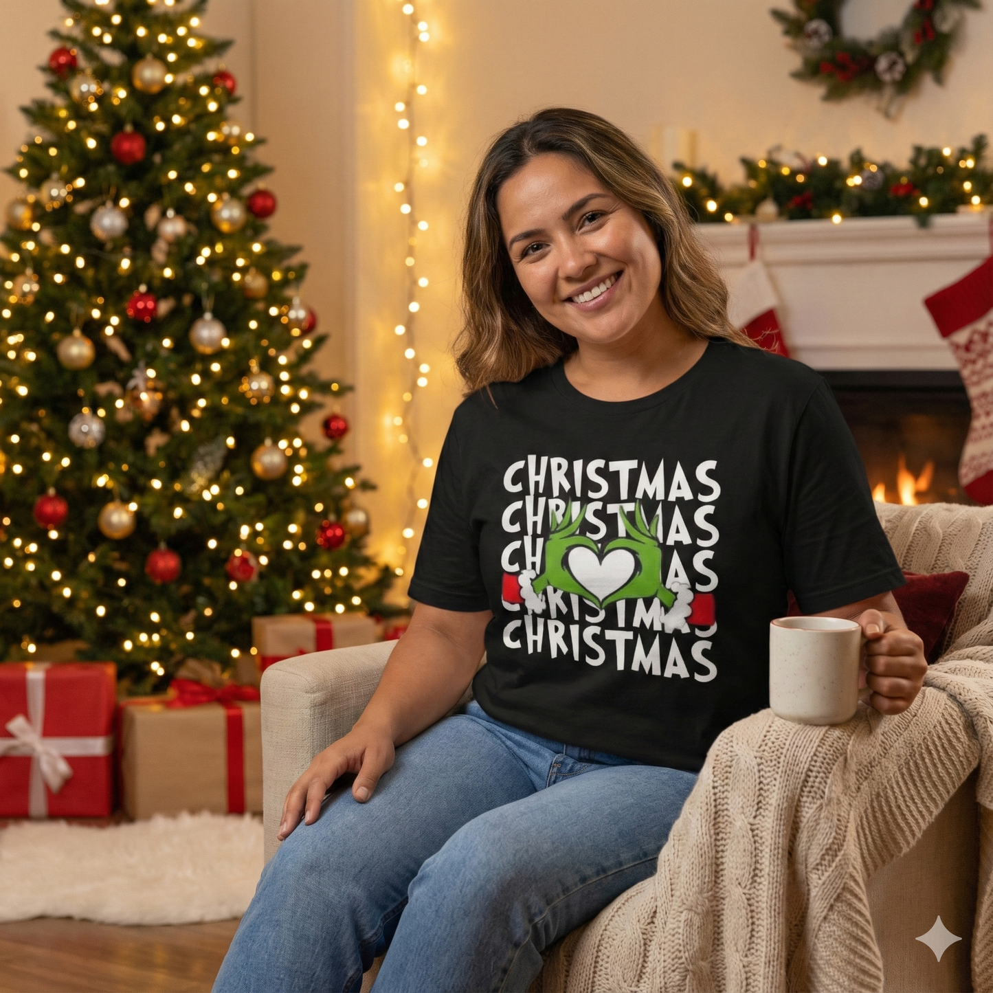 Christmas Grinch Heart T-Shirt — Festive Holiday Graphic Tee, Funny Green Hand Christmas Tee