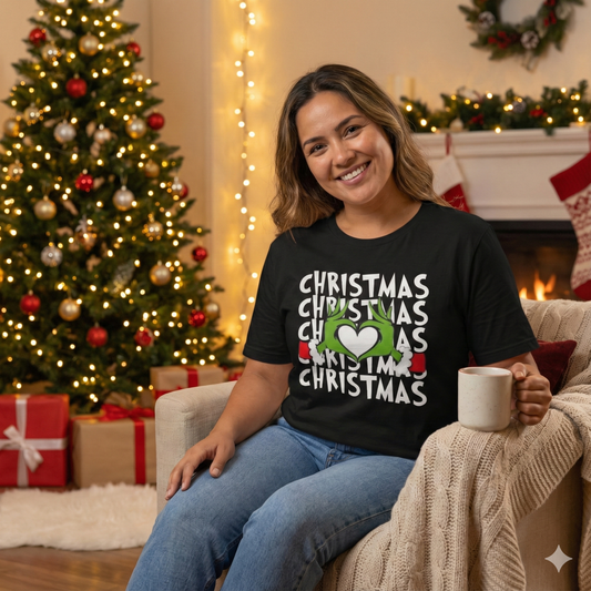 Christmas Grinch Heart T-Shirt — Festive Holiday Graphic Tee, Funny Green Hand Christmas Tee