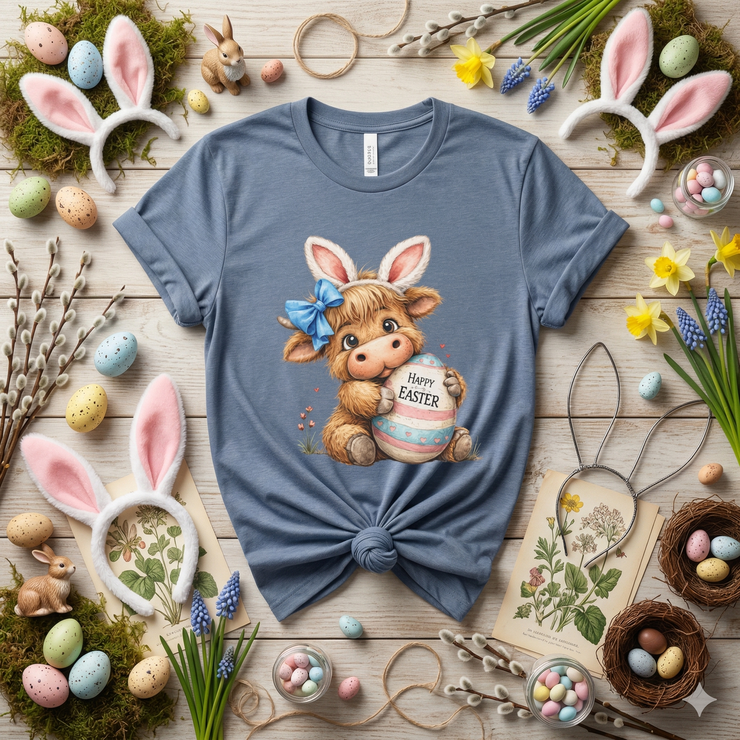 Cute Highland Cow Easter Shirt, Bunny Ears Cow Tee, Kawaii Farm Animal Graphic, Pastel Easter Outfit, Spring Cute Shirt