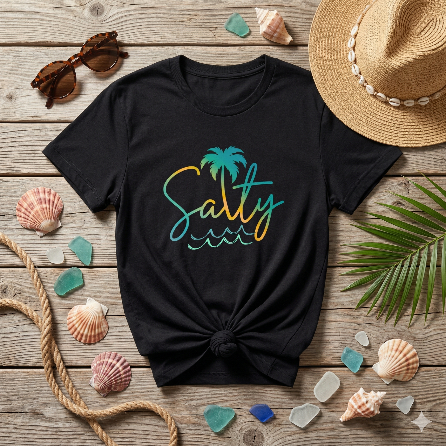 Salty Palm Beach T-Shirt — Tropical Script Tee with Palm Tree & Waves