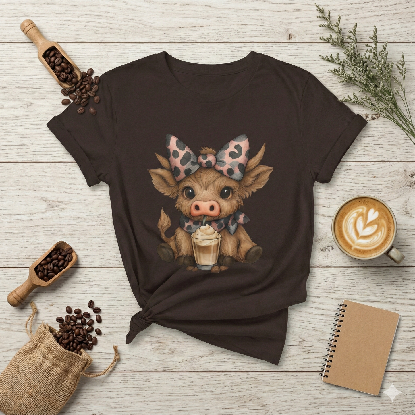 Cute Highland Cow Graphic T-Shirt — Cow with Cupcake & Leopard Bow