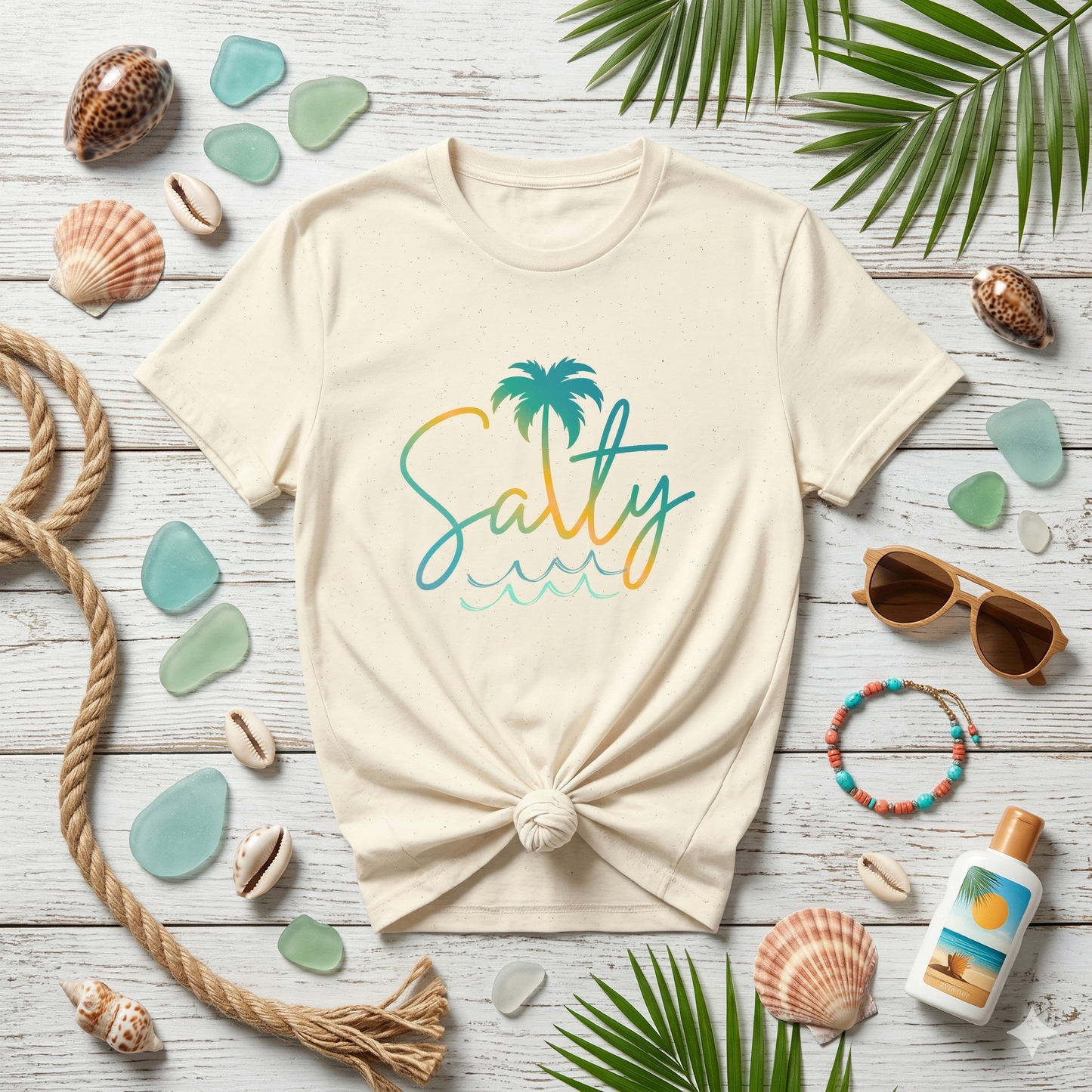 Salty Palm Beach T-Shirt — Tropical Script Tee with Palm Tree & Waves