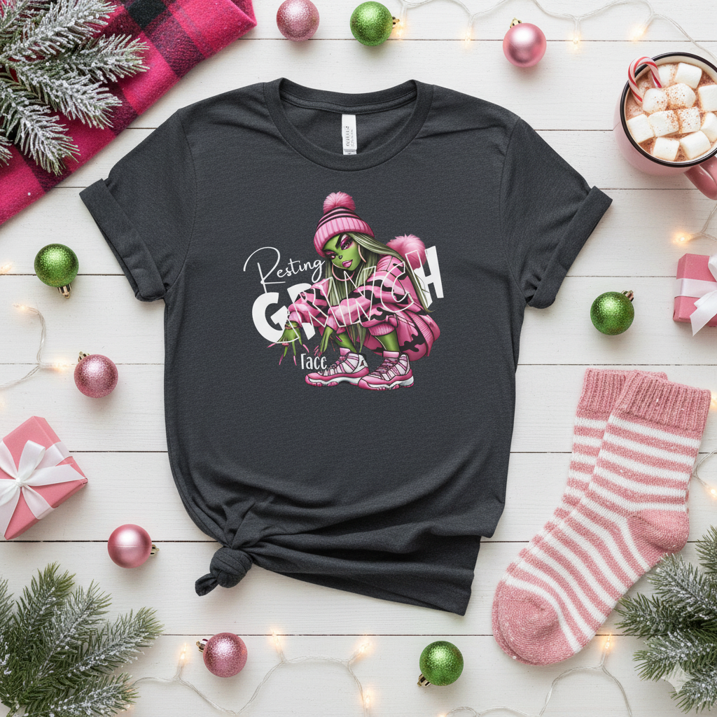 Resting Holiday Face Shirt – Funny Christmas Tee for Women, Sassy Festive T-Shirt, Cute Holiday Graphic Top, Pink Christmas Outfit Idea